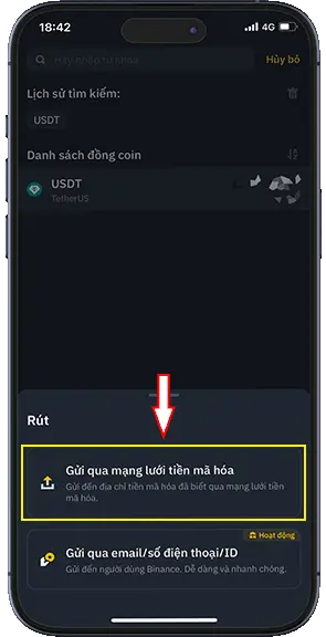 Bước 6: Tiếp theo chọn Gửi qua mạng lưới tiền mã hoá